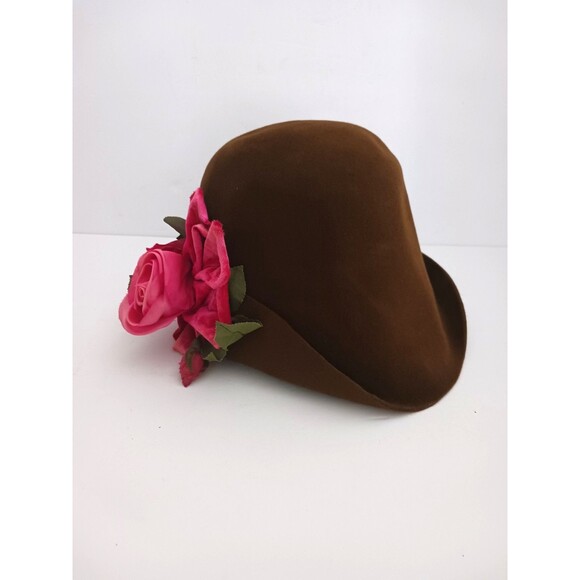 Lylia Giraldo Chocolate Brown Felt Wool Cloche Hot Pink Flower M/L main image 9